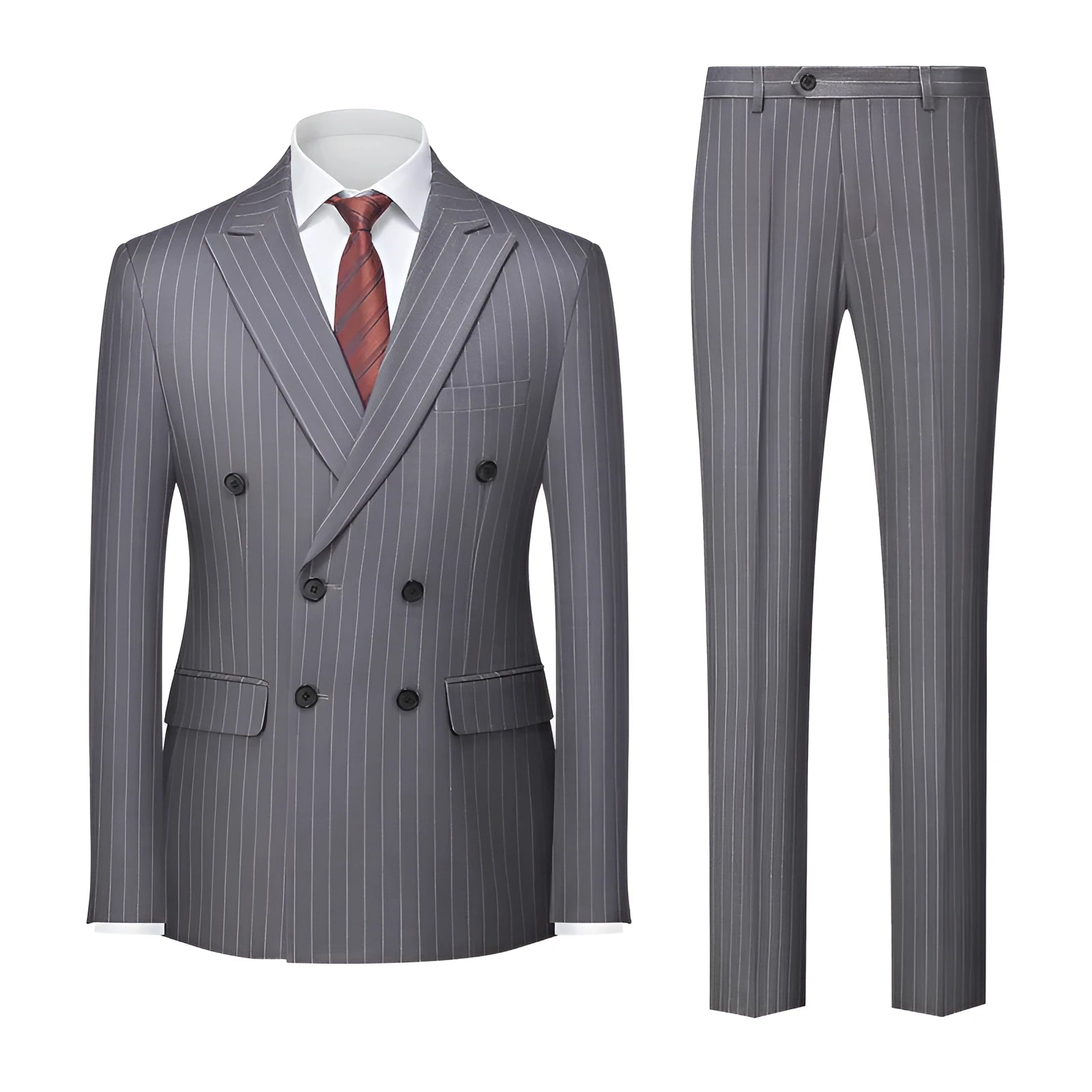 Men's slim fit two-button suit jacket and trousers in a dark grey colour for business formal wear.