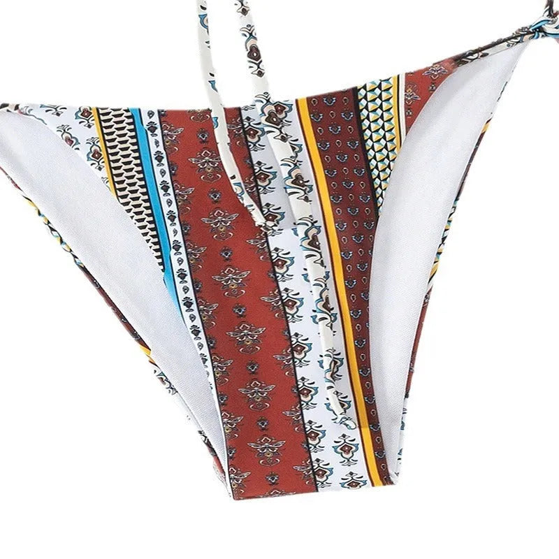 Women's printed lace-up front split leg swimsuit in mixed colours with bra and pants