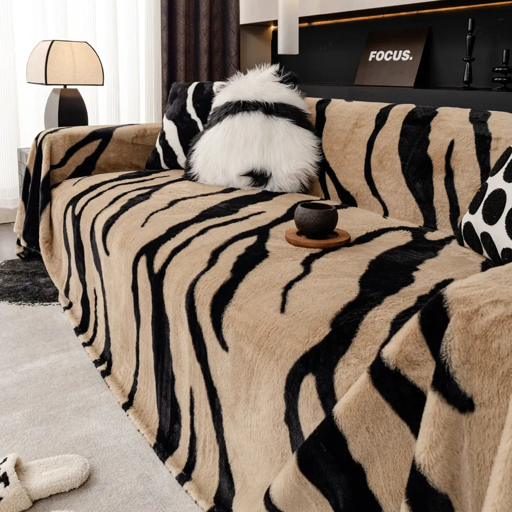 Zebra pattern flannel sofa cover with non-slip design in caramel colour showing texture and sizing