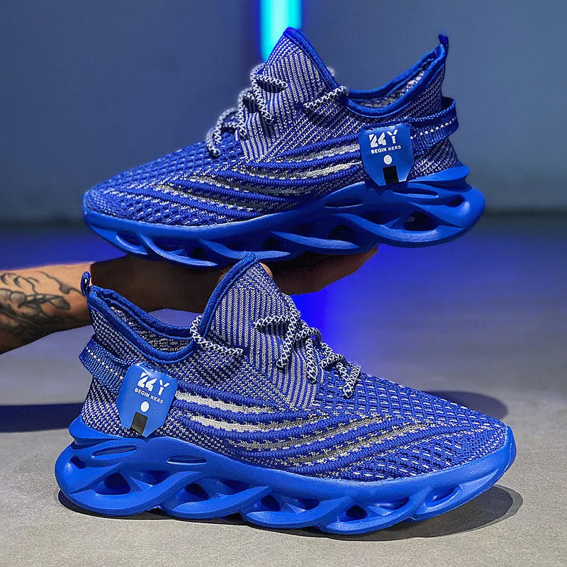Men's blue breathable mesh casual sneakers with a platform sole on a white background.