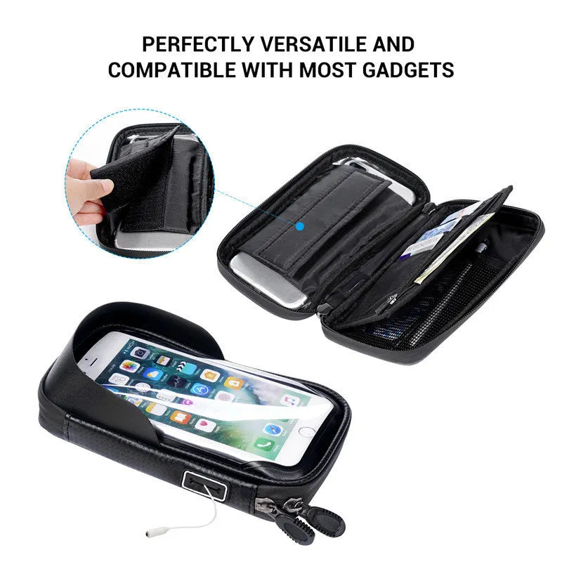 Black nylon cycle mobile phone bracket bag with 6.0 inch screen window, water resistant, anti-glare visor, and tool-free adjustable base