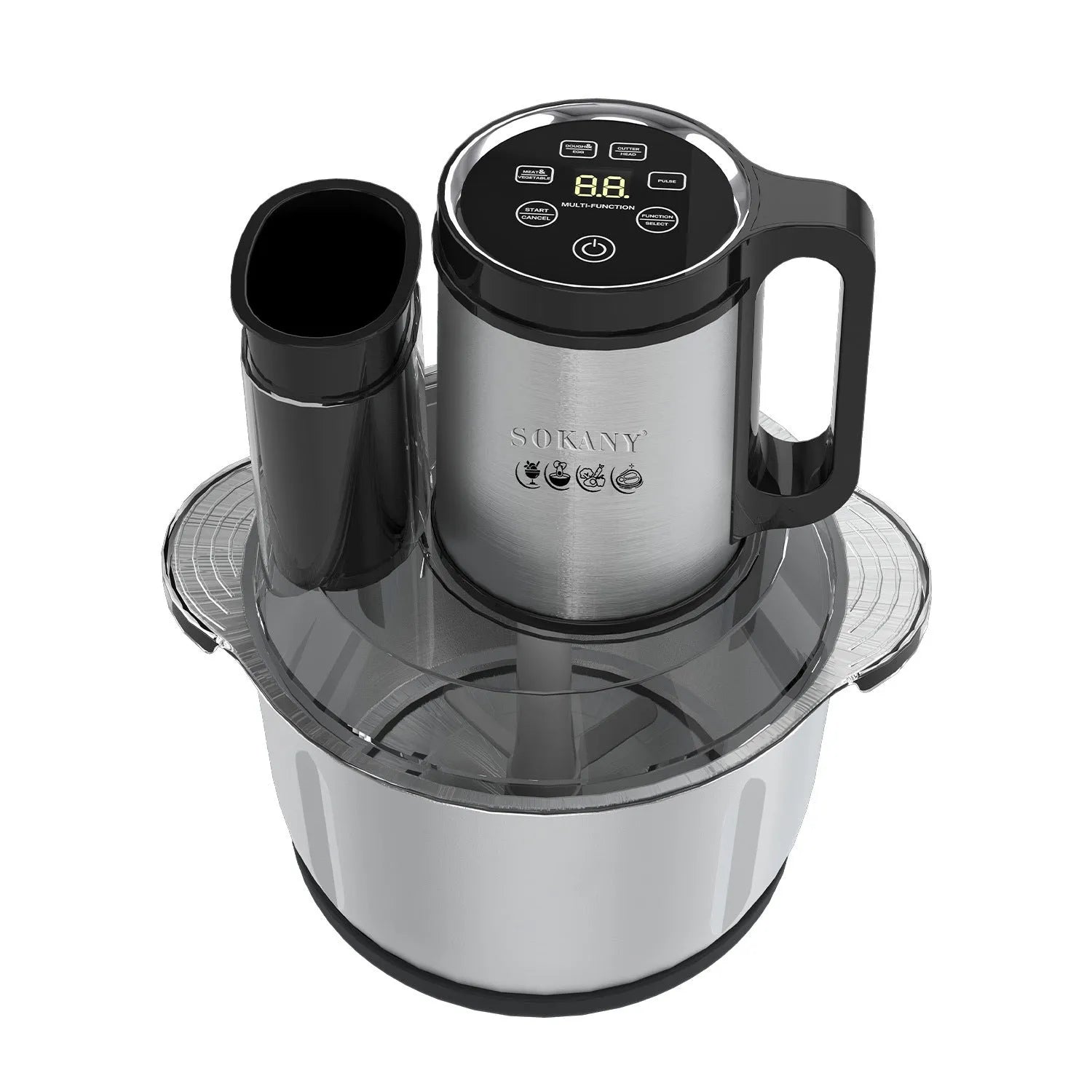 Stainless steel semi-automatic meat grinder with a 5-litre capacity bowl and food processing attachments.