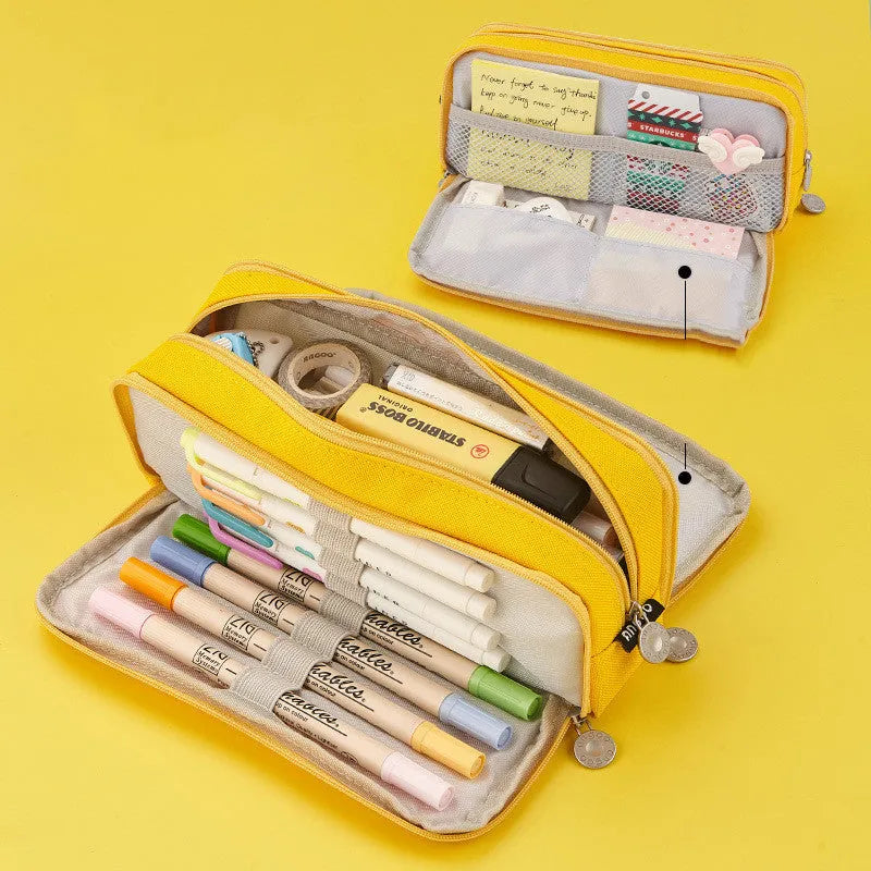 Square Oxford cloth pencil case for primary school, 21cm by 9cm, plain pattern, in blue, yellow or pink