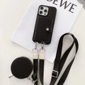 PC leather iPhone case with a card slot on the back and a lanyard loop, shown in multiple colours.