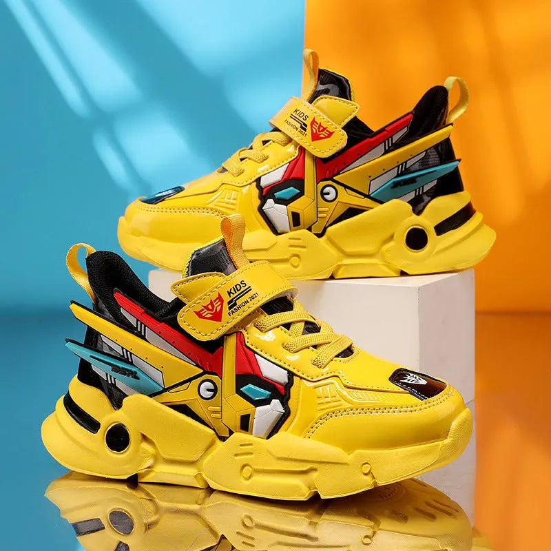 Children's leather surface Velcro running shoes with cartoon pattern in yellow, black red, and lake blue colours