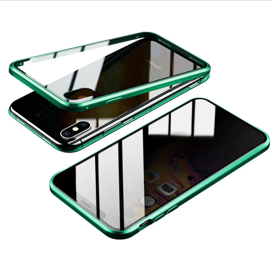 Anti-spy clamshell iPhone case in aluminium and glass, shown in black, silver, red, gold, green, and blue colour options.