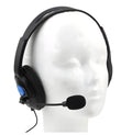 Black PS4 wired headset with bilateral over-ear cups showing 76cm ear cushion dimensions