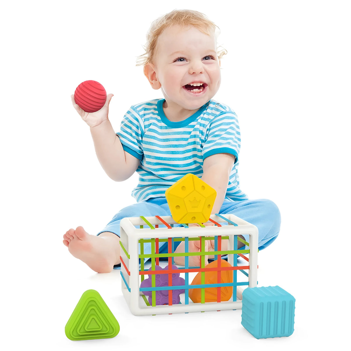 Infant Montessori toy with six plastic shape blocks in rainbow colours on elastic ropes for grip training