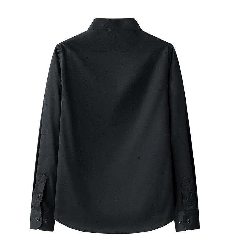 Men's stand collar long sleeve slim fit solid colour pocket shirt in black