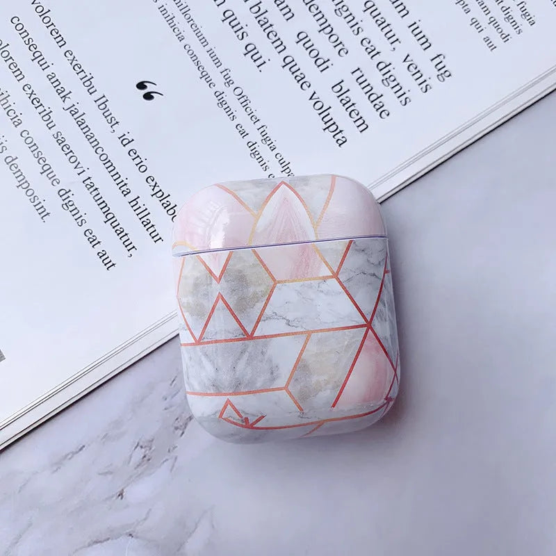 White marble hard PC protective case for Apple AirPods 1 and 2 wireless earphone charging box.