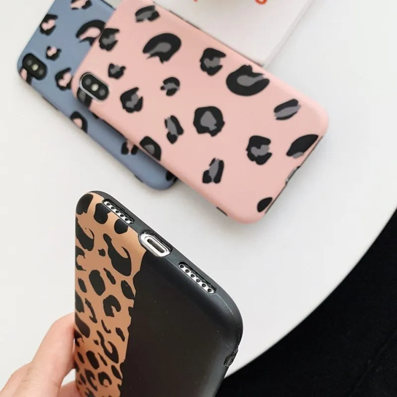 Leopard pattern phone case for iPhone in black, blue and pink colour options