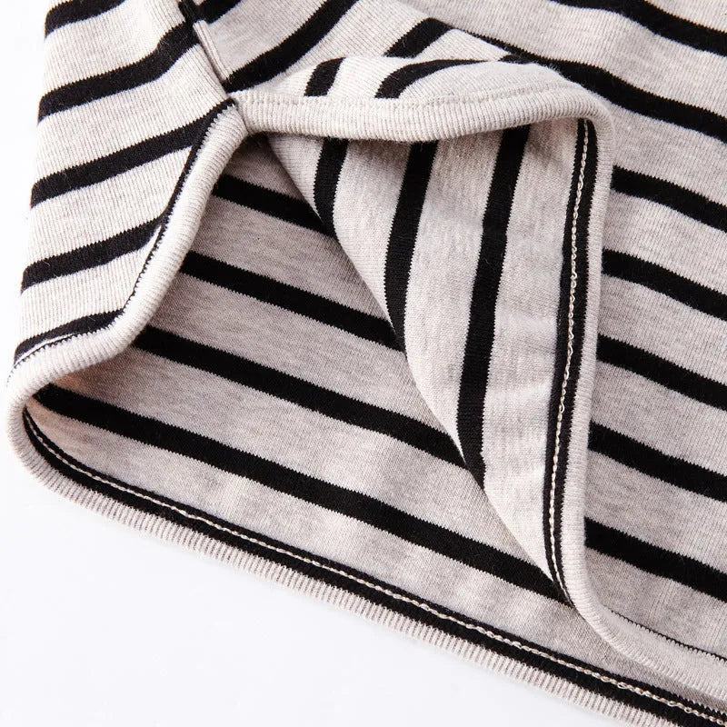 Striped print long sleeve cotton T-shirt for baby girls in black colour with size chart