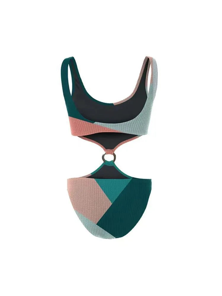 Contrast colour two-piece bikini with matching mesh gauze skirt on a model.