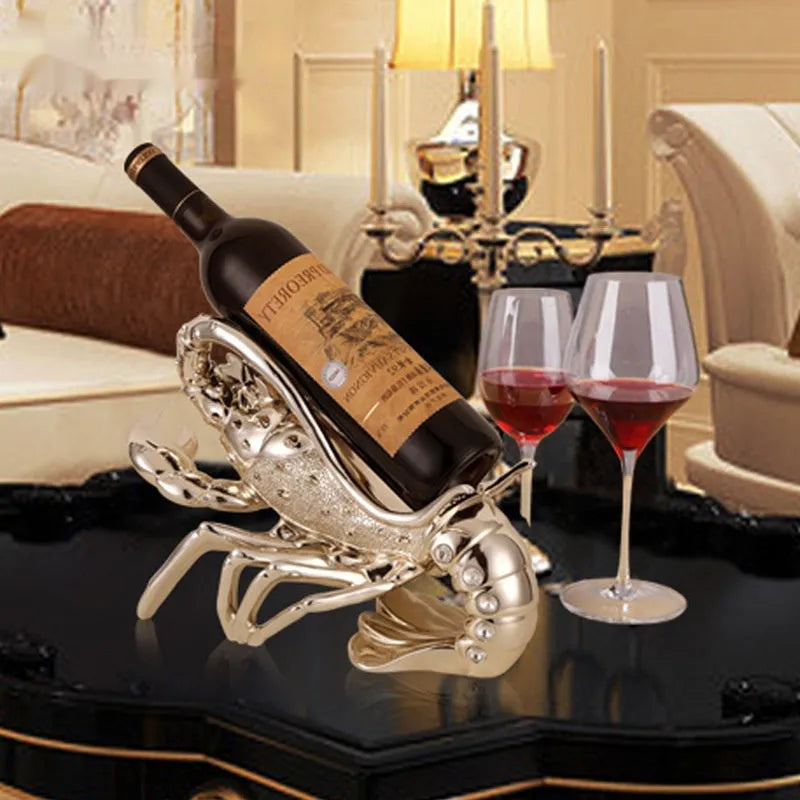 Lobster-shaped wine rack ornament in rose gold or silver resin for decorative bottle display.