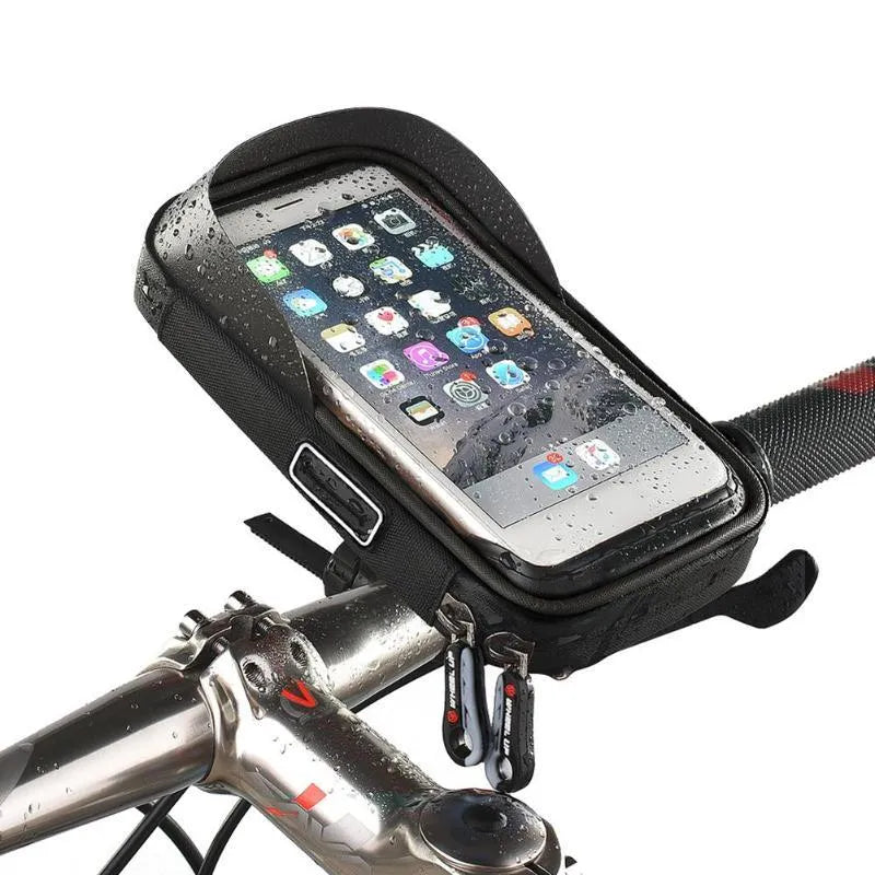 Black nylon cycle mobile phone bracket bag with 6.0 inch screen window, water resistant, anti-glare visor, and tool-free adjustable base