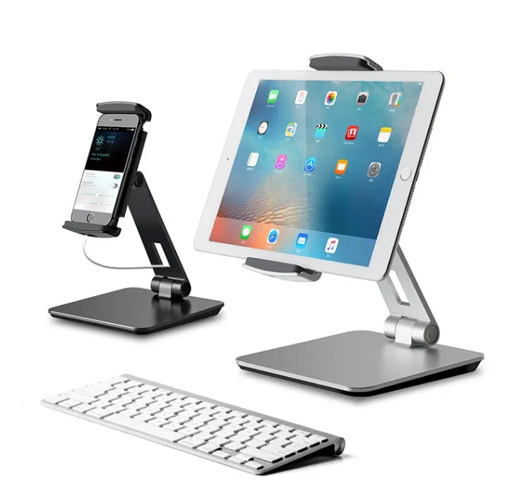 Foldable aluminium desktop phone and tablet stand with 360° rotation