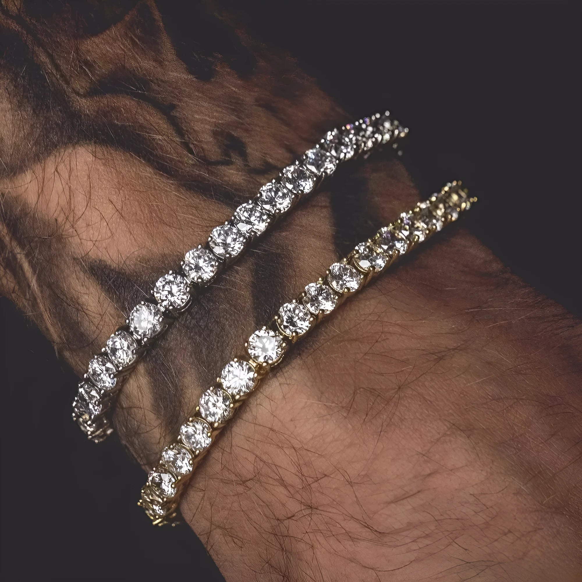 Men's silver hip hop bracelet with single row chain links and rhinestone details on wrist
