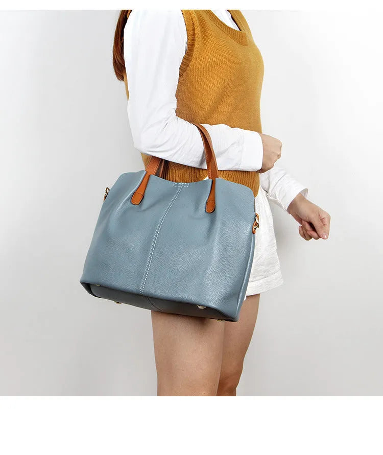 Women's soft cattle hide leather tote bag vertical square shape shoulder bag in flax blue colour