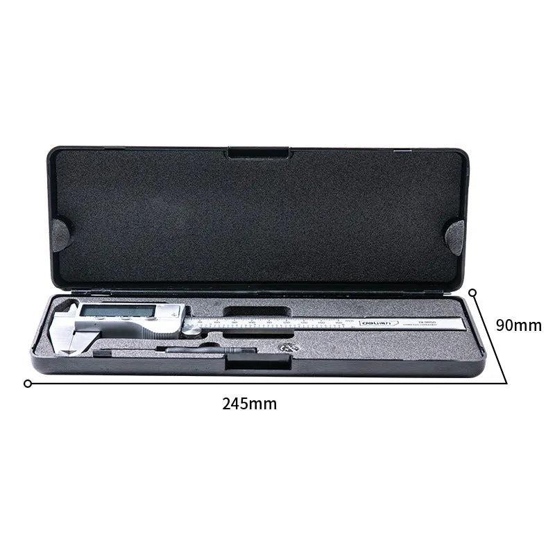 Deli stainless steel digital vernier caliper with LCD screen showing measurement.
