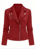 Women's oblique zipper fastener decoration slim casual jacket in black with long sleeves and loose fit
