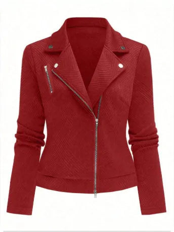 Women's oblique zipper fastener decoration slim casual jacket in black with long sleeves and loose fit