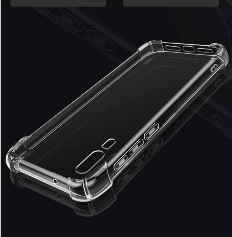 Transparent TPU airbag drop-resistant phone case for Huawei and Honor smartphones on a white background.