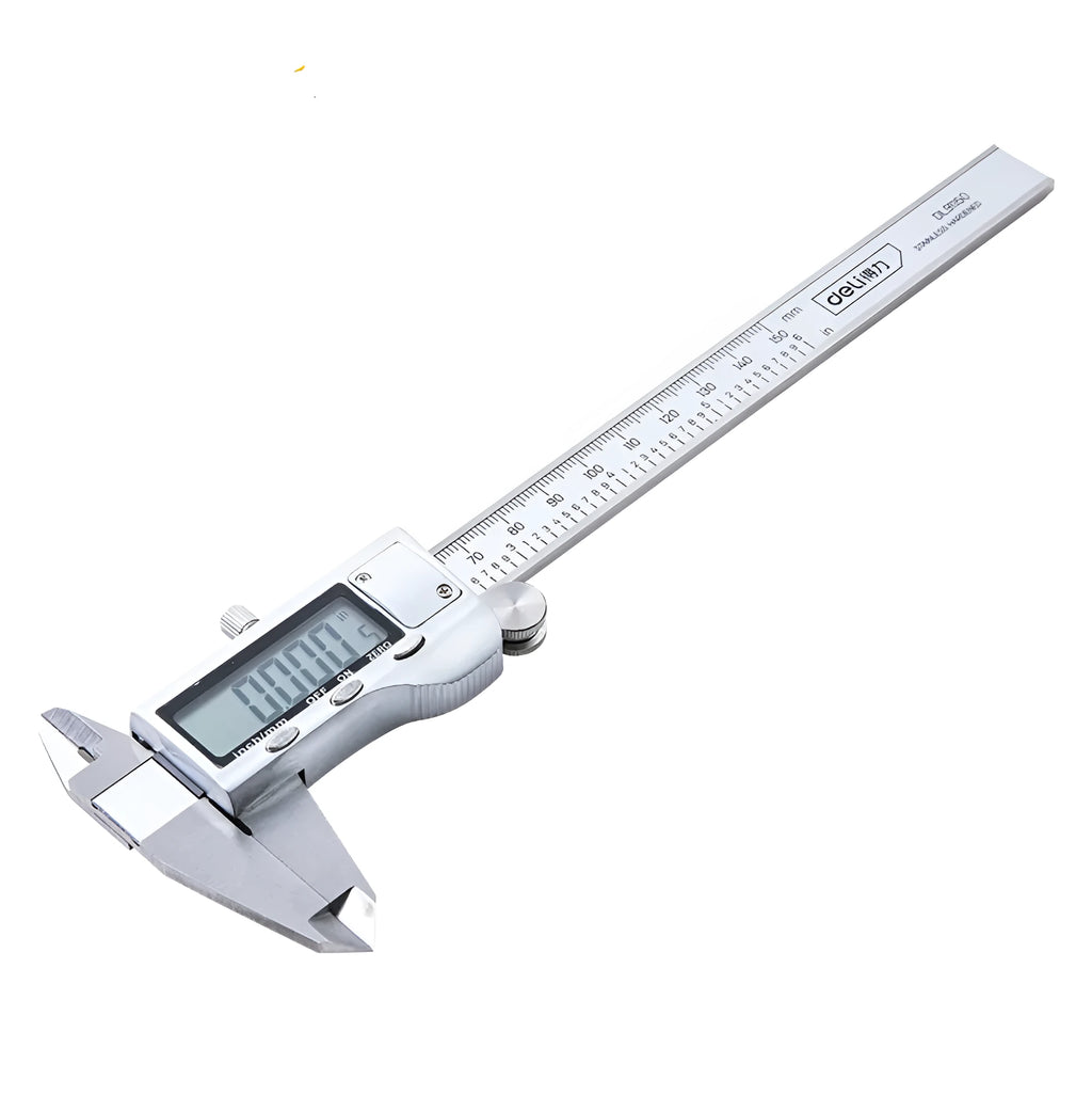 Deli stainless steel digital vernier caliper with LCD screen showing measurement.