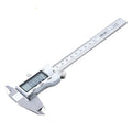 Deli stainless steel digital vernier caliper with LCD screen showing measurement.