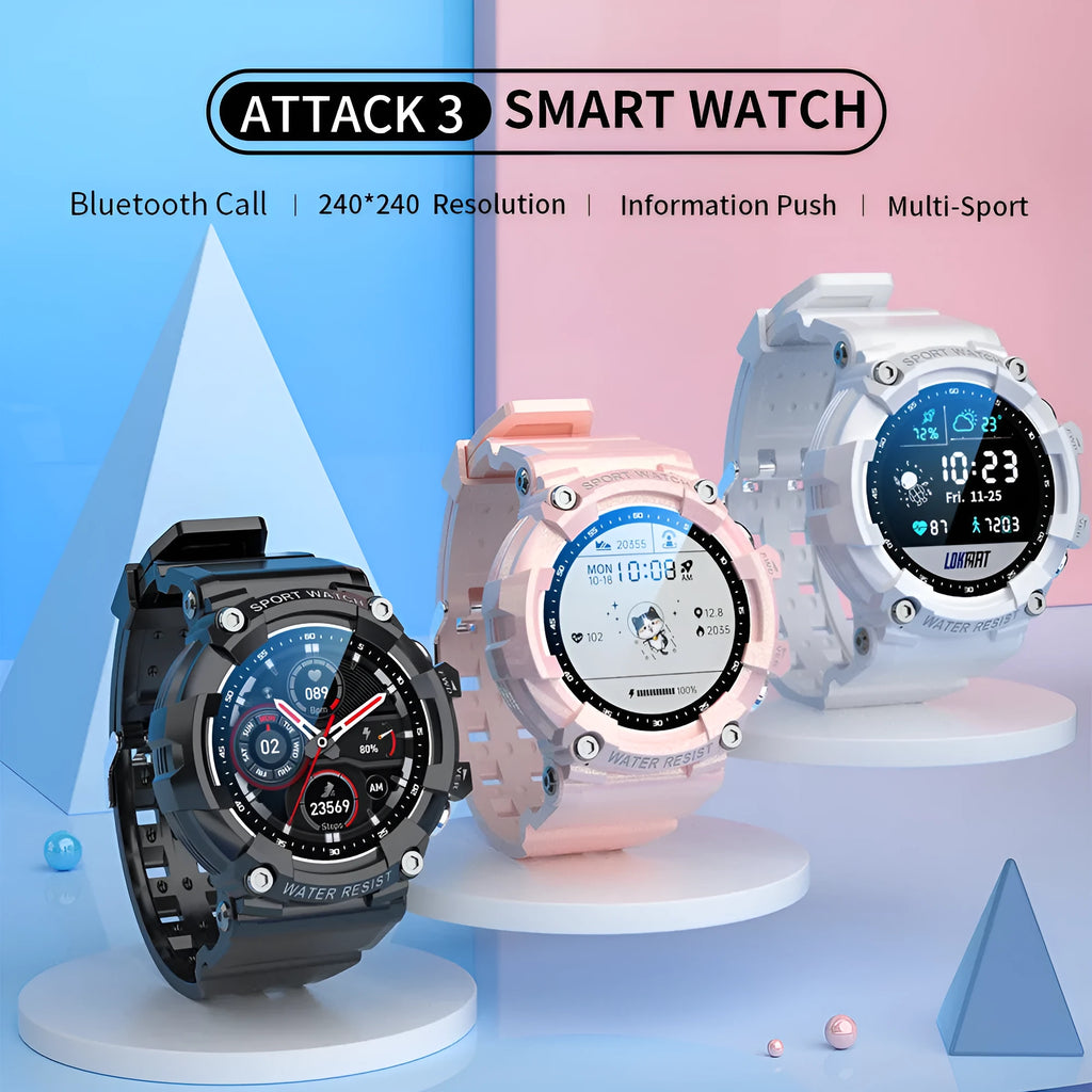 Black IP67 waterproof smart sports watch with round colour screen displaying health metrics