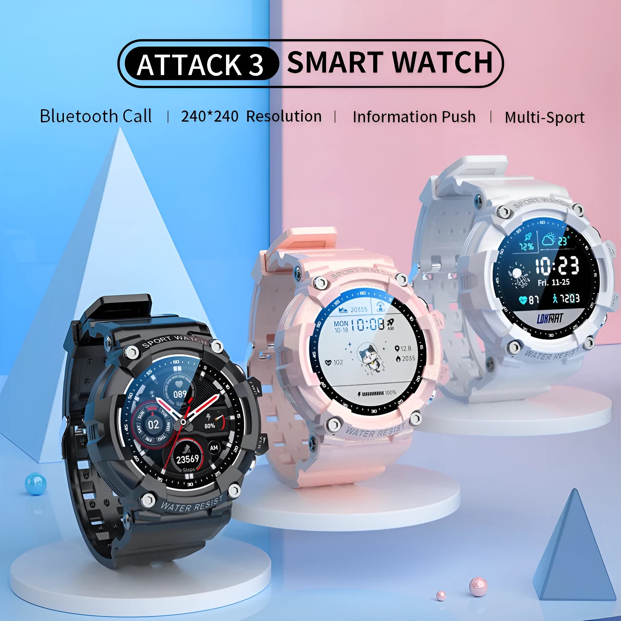 Black IP67 waterproof smart sports watch with round colour screen displaying health metrics
