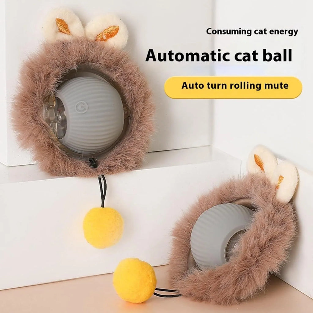 Automatic rotating pet ball toy in grey, green, or red with attached string for interactive cat and dog play
