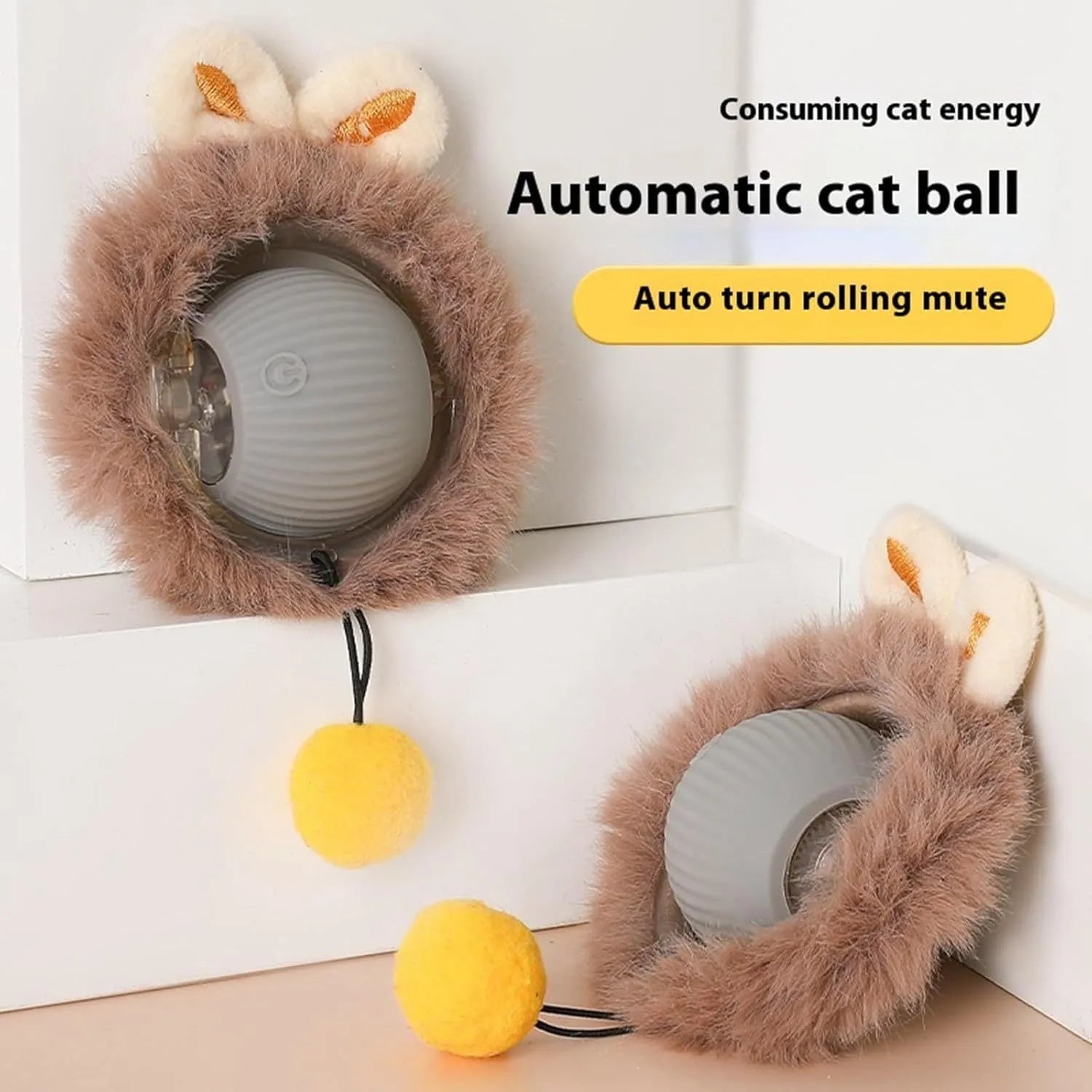 Automatic rotating pet ball toy in grey, green, or red with attached string for interactive cat and dog play