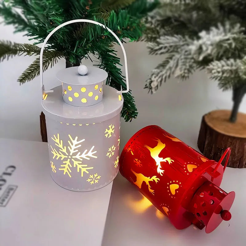 Nordic style LED Christmas candle lantern with wrought iron construction showing flickering light effect