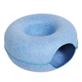 Round felt donut cat tunnel bed in light grey with open entrance, suitable for indoor cats