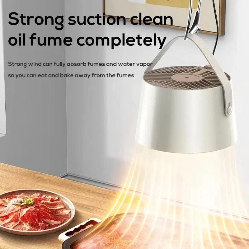 Milky white portable desktop kitchen exhaust fan with USB cable and three-speed controls