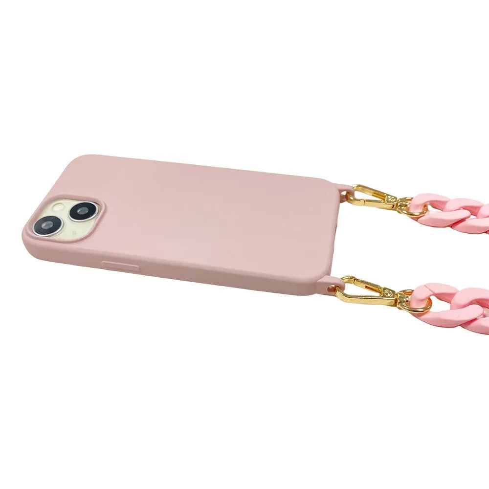 Frosted handle chain shoulder phone cover in liquid silicone for iPhone, shown in pink, purple and black