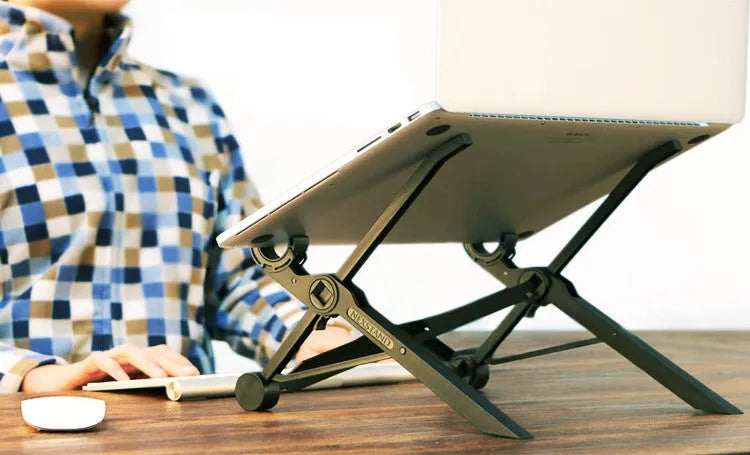 Black folding laptop stand made of reinforced nylon, shown both open and folded to 4 cm