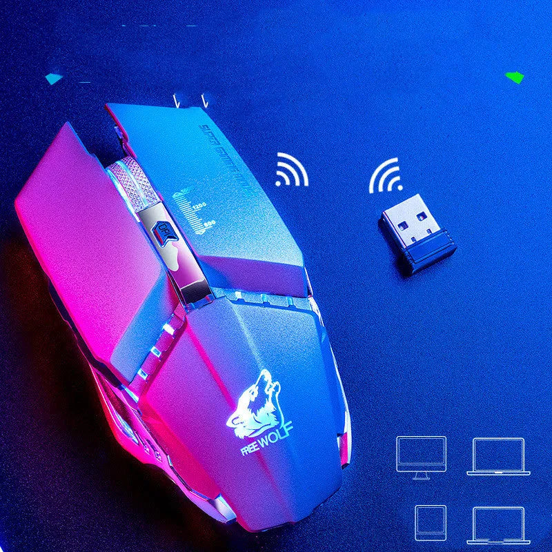 Black rechargeable wireless gaming mouse with six buttons on a mousepad