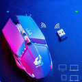 Black rechargeable wireless gaming mouse with six buttons on a mousepad