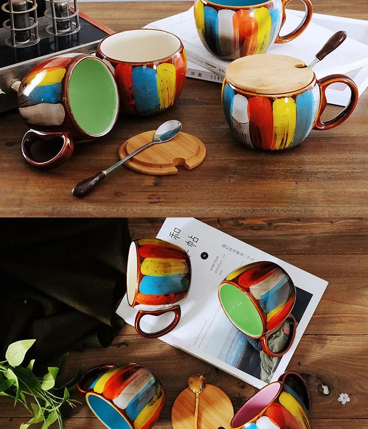 Handmade ceramic mug with lid and spoon in vibrant blue 350ml