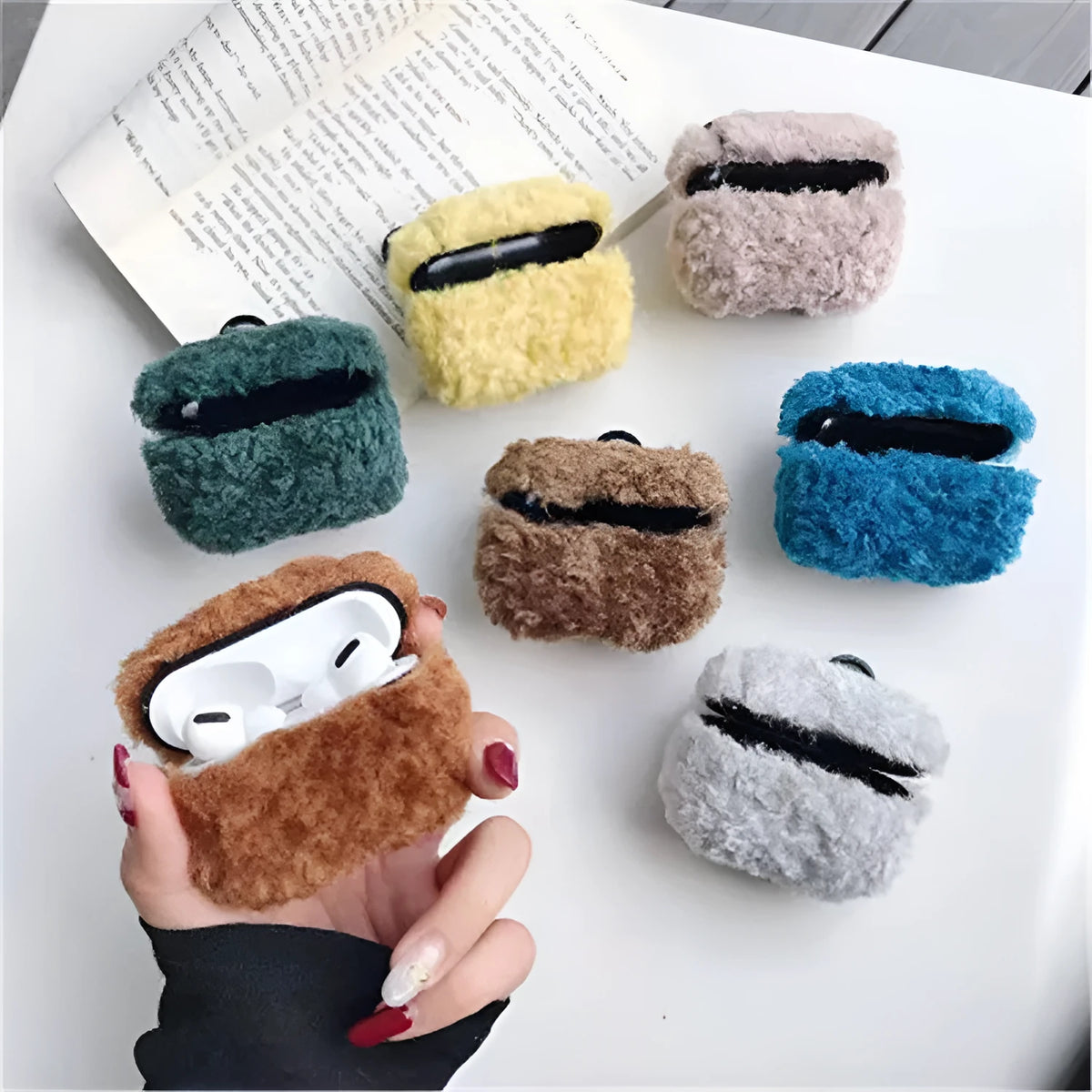 Green plastic and plush headphone cover for Apple AirPods charging case