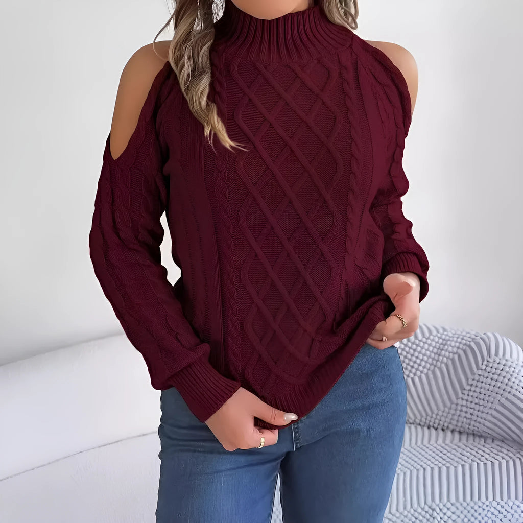 Gray women's pullover sweater with a strapless half-high collar and long, twisted lantern sleeves.