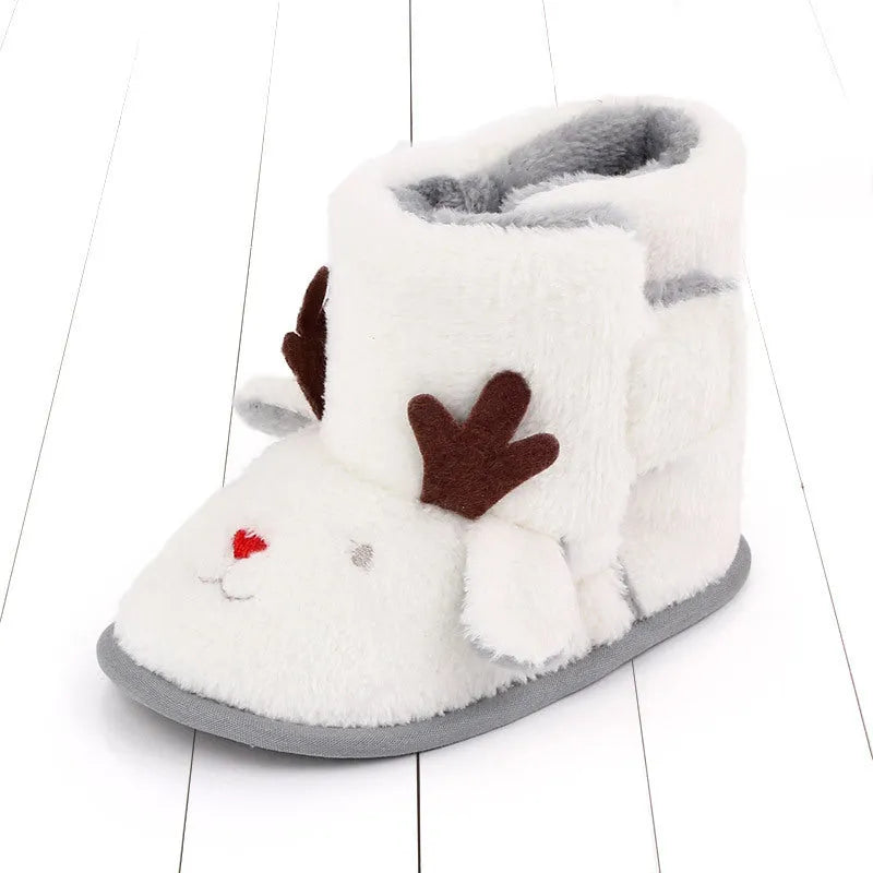 Plush cartoon baby boots in brown and white sizes 11cm 12cm 13cm for winter warmth