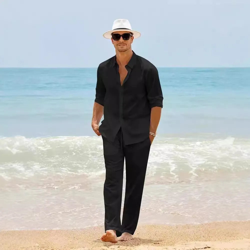 Men's cotton long sleeve top and trousers casual set in white, black, grey, khaki, or sky blue