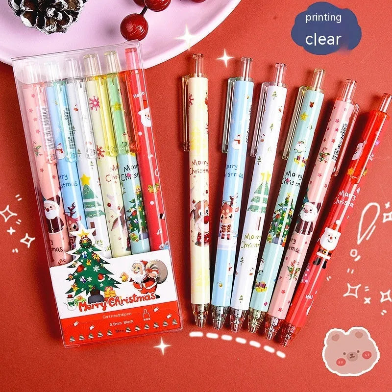 6 cartoon design press gel pens with black refills in Christmas gift packaging