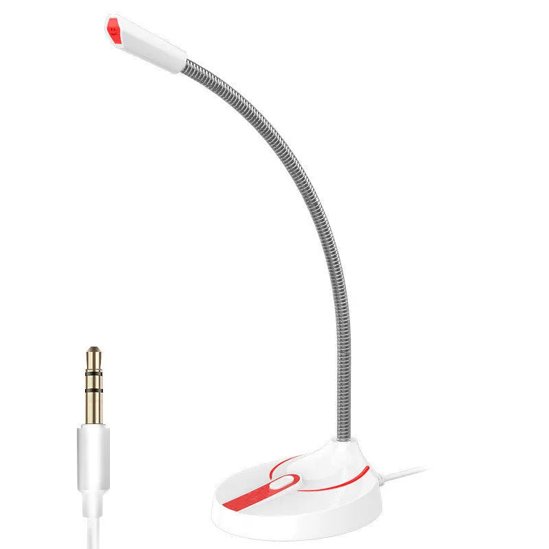 Desktop computer wired microphone with metal spring tube and push switch on a desk