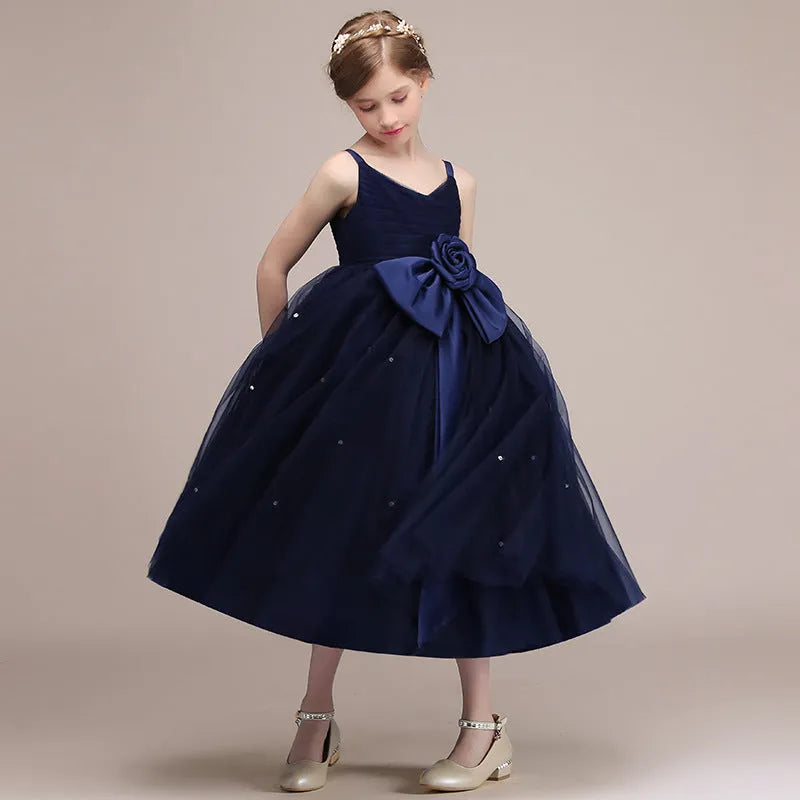 Blue chiffon girls princess dress with flowing skirt suitable for 100-160cm height