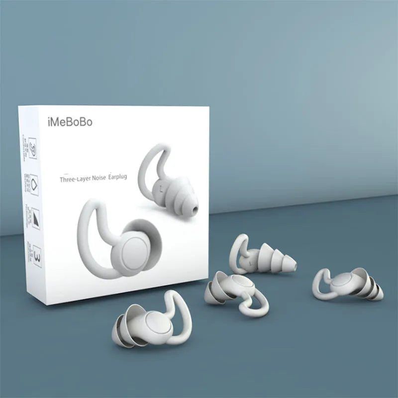 Silicone anti-noise sleep earplugs with shark fin design, 17mm x 14mm, shown in Black and Grey