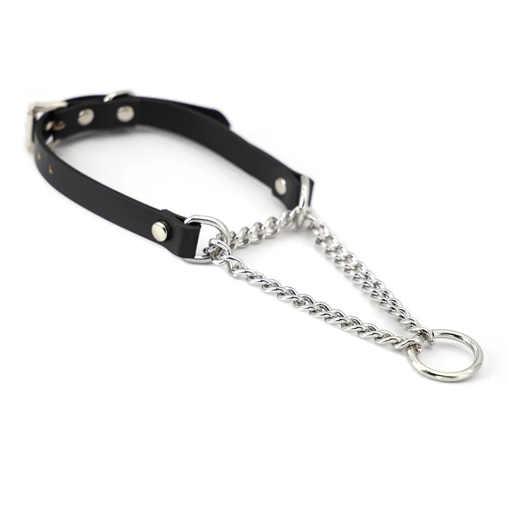 Black leather dog collar with chain tightening mechanism and matching leash on dark background