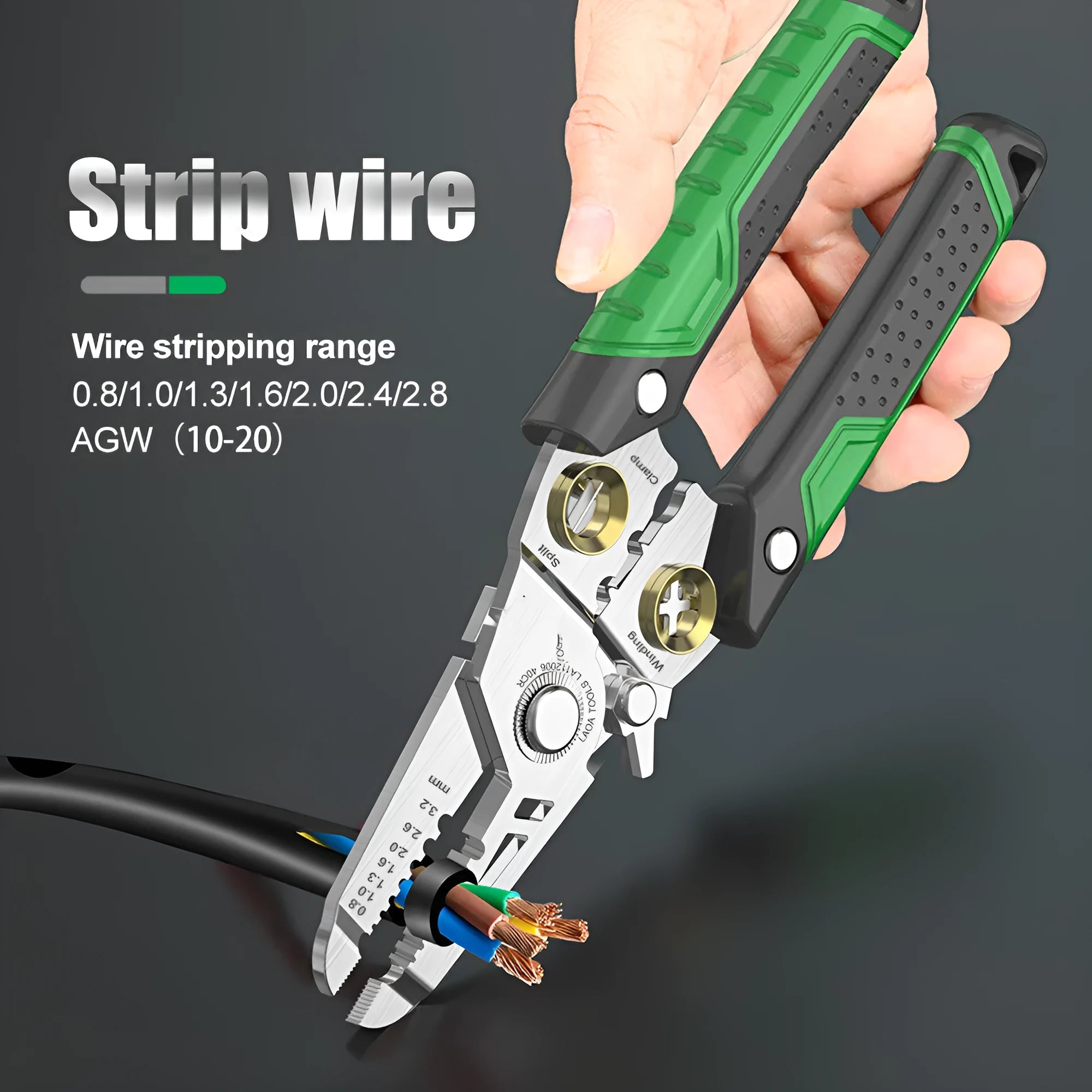 Multifunctional stainless steel wire stripper with seven apertures and straight two-colour handle
